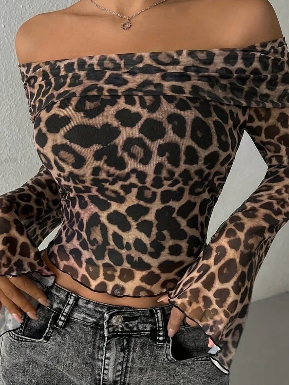 Off-Shoulder Leopard Print Mesh Top - Brown